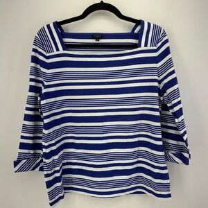 Talbots Womens LP Blue White Striped Square Neck Cotton Top Nautical Coastal